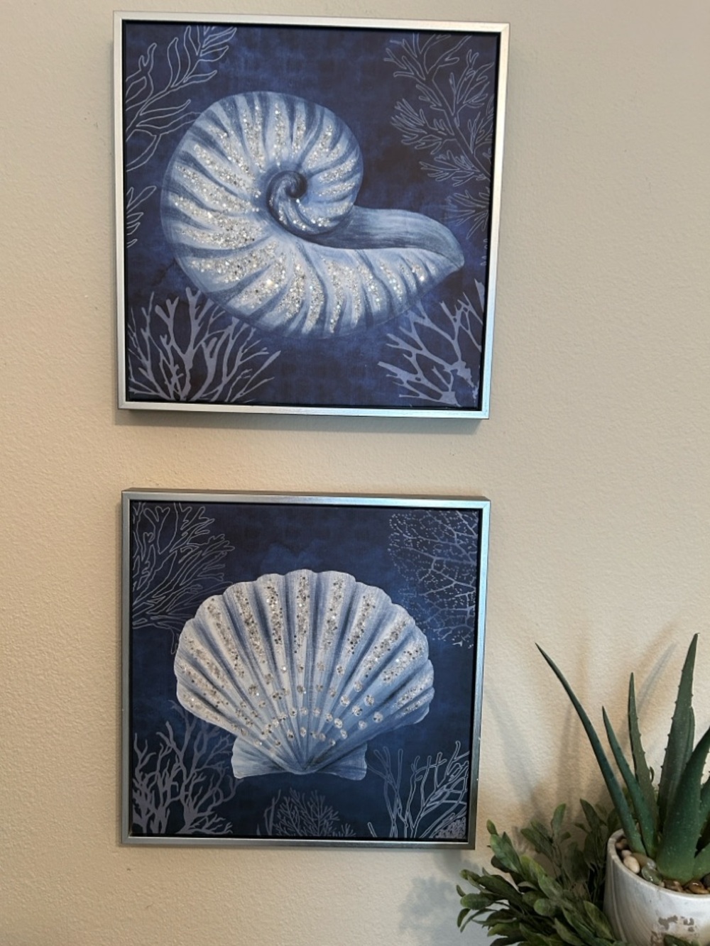 Nautical Shell Wall Art Pair - Blue & White Coastal Prints
